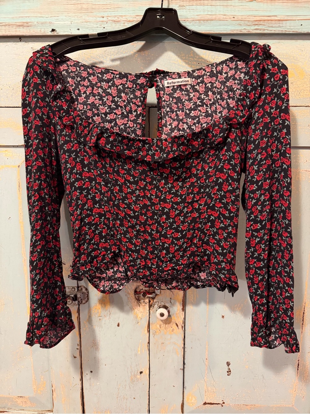 Reformation Black Square-Neck Barb Floral Crop Top with Red Roses (Mabel Print)